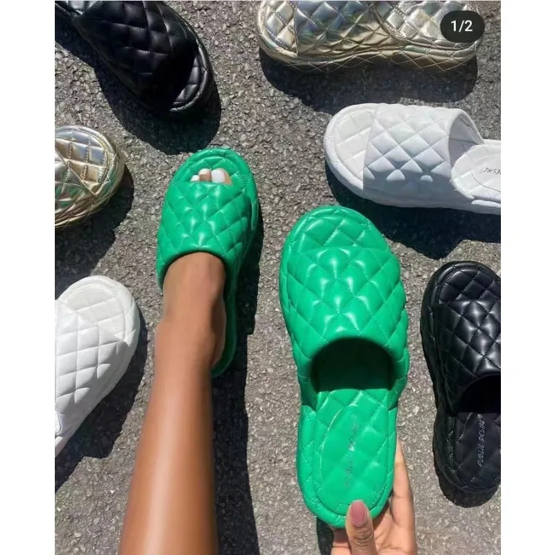 Шлепанцы женские на толстой подошве, однотонные сандалии в клетку, пляжные кожаные, одна линия, лето 2023