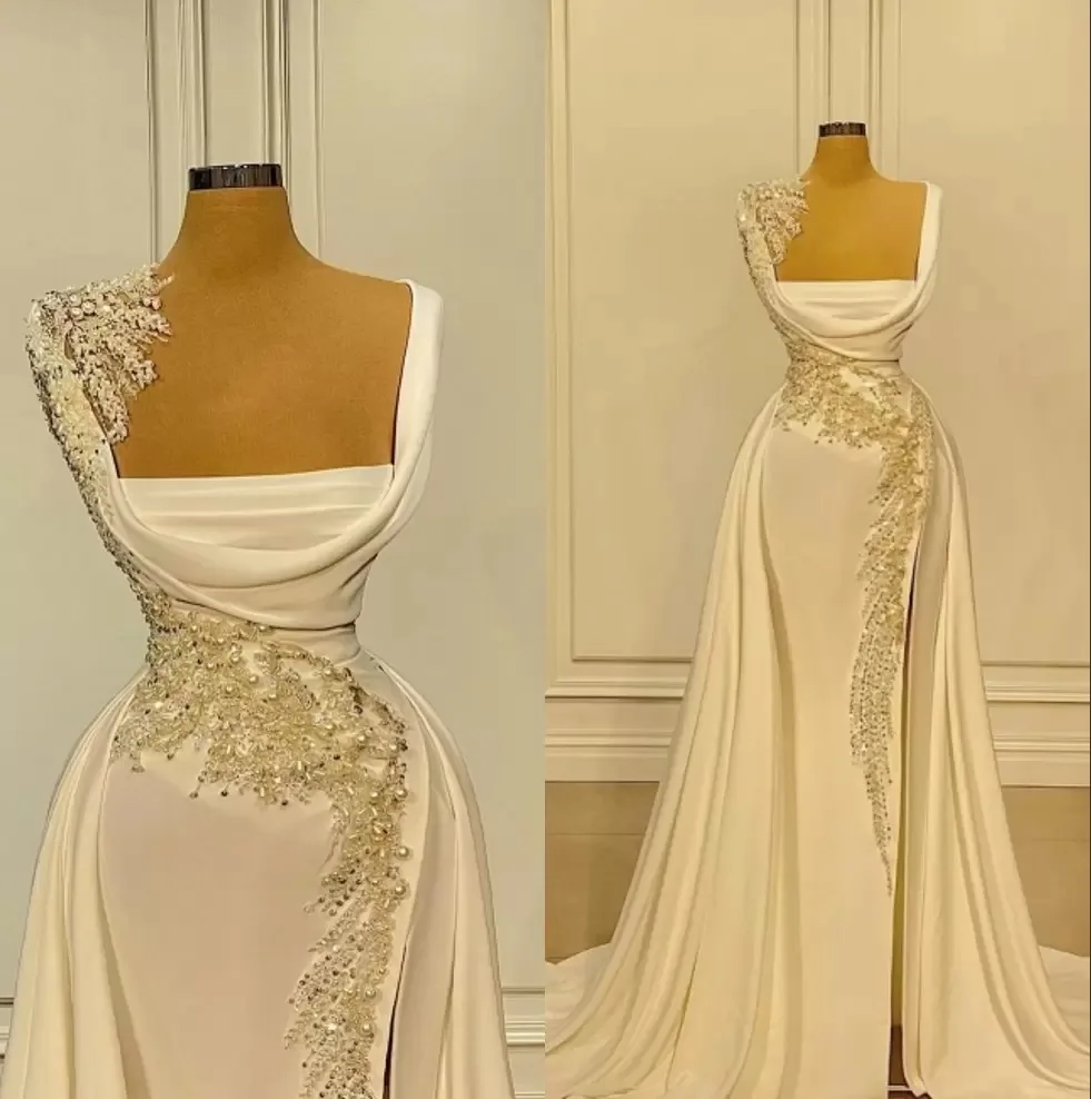 

Mermaid Prom Dress Bateau Sleeveless Appliques Sequins Pearls Satin Side Slit Floor Length Evening Gowns Plus Size Bridal Gowns