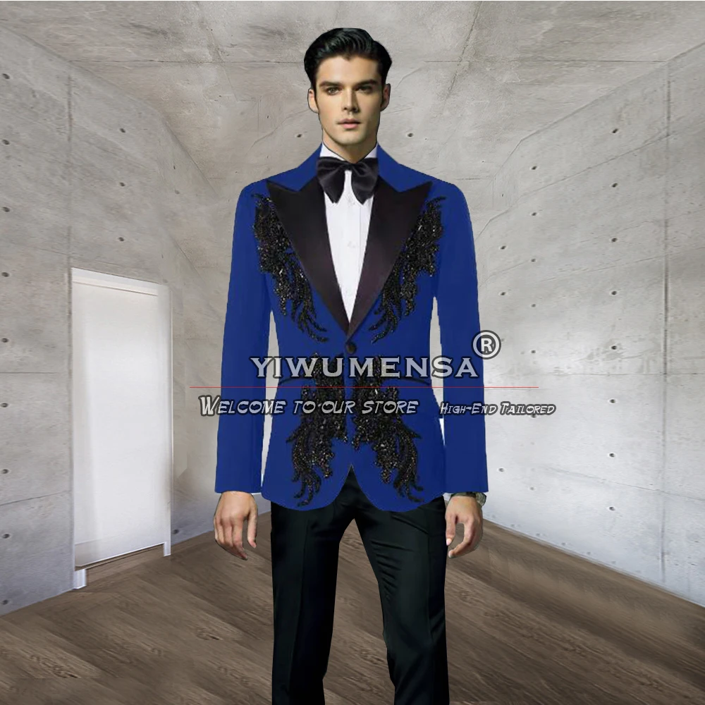 Royal Blue Suits Men For Wedding Black Sparkly Appliques Beaded Jacket Pants 2 Pieces Groom Tuxedos Tailored Traje De Hombre
Royal Blue Suits Men For Wedding Black Sparkly Appliques Beaded Jacket Pants 2 Pieces Groom Tuxedos Tailored Traje De Hombre