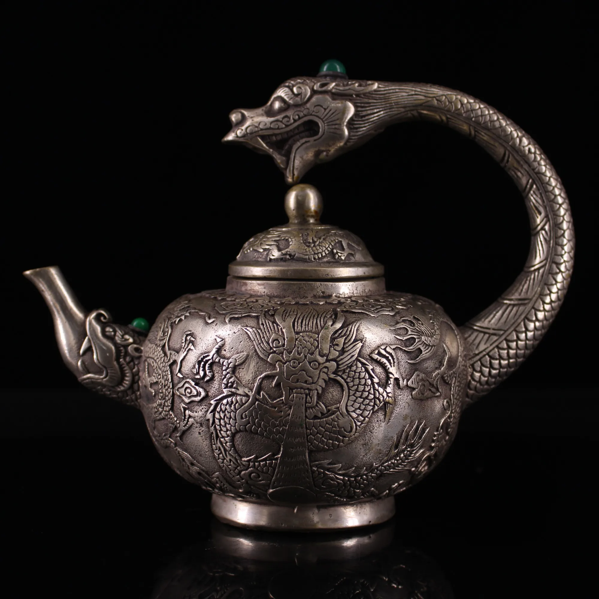 

7"Tibetan Temple Collection Old Bronze Gilded Silver Mosaic Gem Dragon handle Kettle Teapot Flagon Amass wealth Ornaments