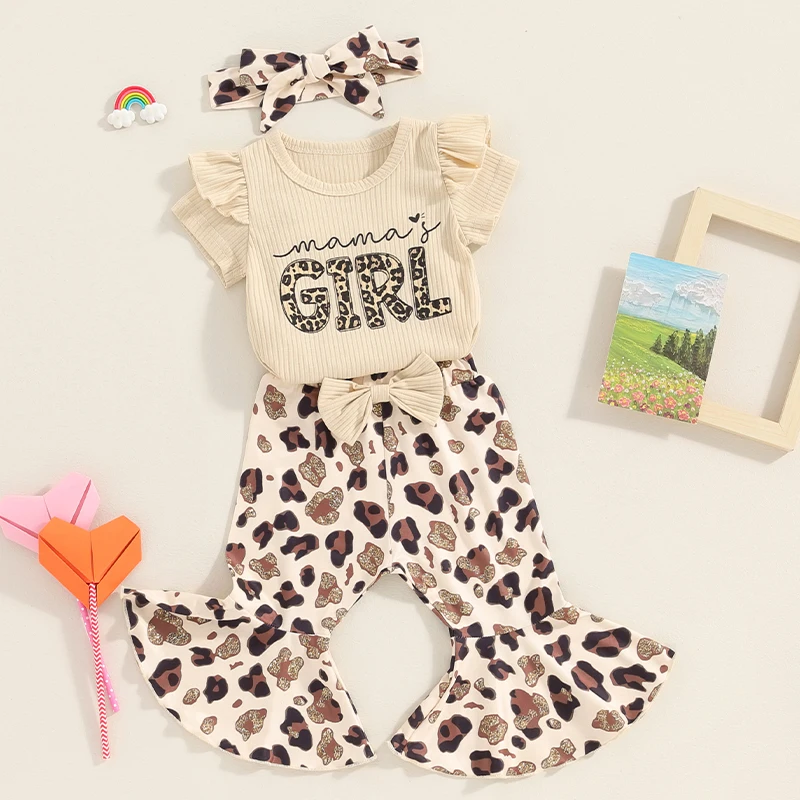 

Newborn Baby Girl Mama’s Girl Ribbed Knit Short Sleeve Rompers Leopard Bell Bottoms Flare Pants Set Headband 3Pcs