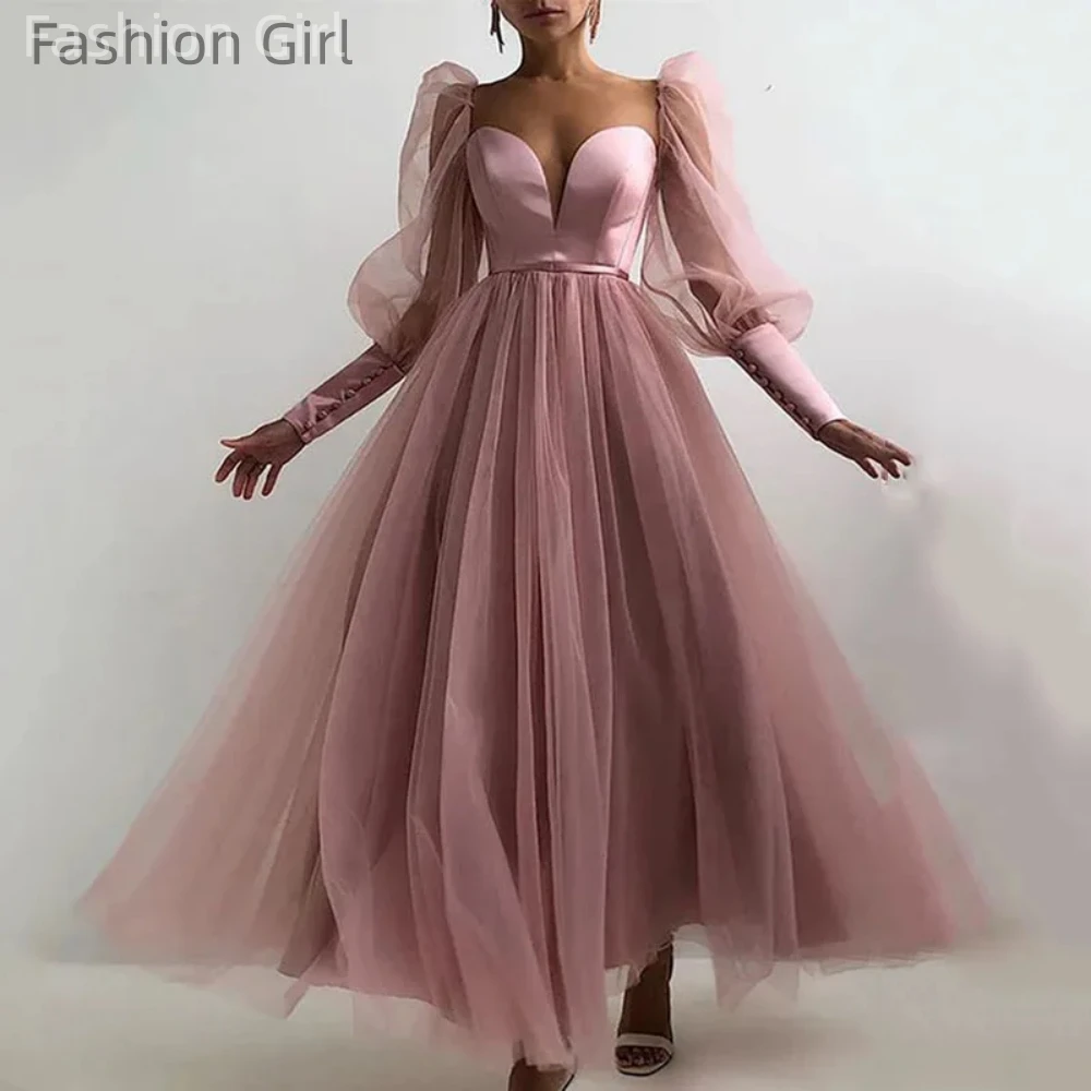 Pink A-Line Evening Dresses Long Sleeve Tea Length Long Pleat Puff Sleeve Prom Dress Backless Belt Special Occasion Party Gown 
Pink A-Line Evening Dresses Long Sleeve Tea Length Long Pleat Puff Sleeve Prom Dress Backless Belt Special Occasion Party Gown