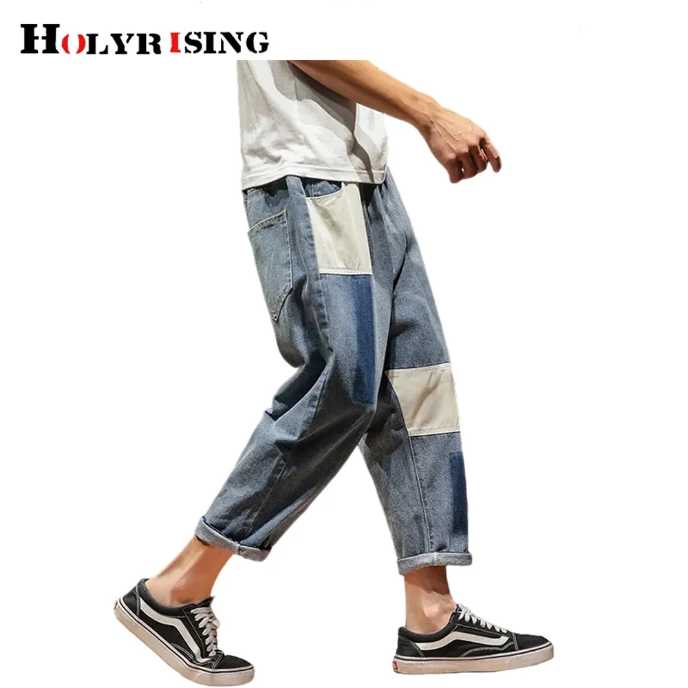 

men jeans retro loose stitching pantaloni da lavoro uomo size m-5xl patchwork streetwear pockets male ankle-length pantsNZ066
