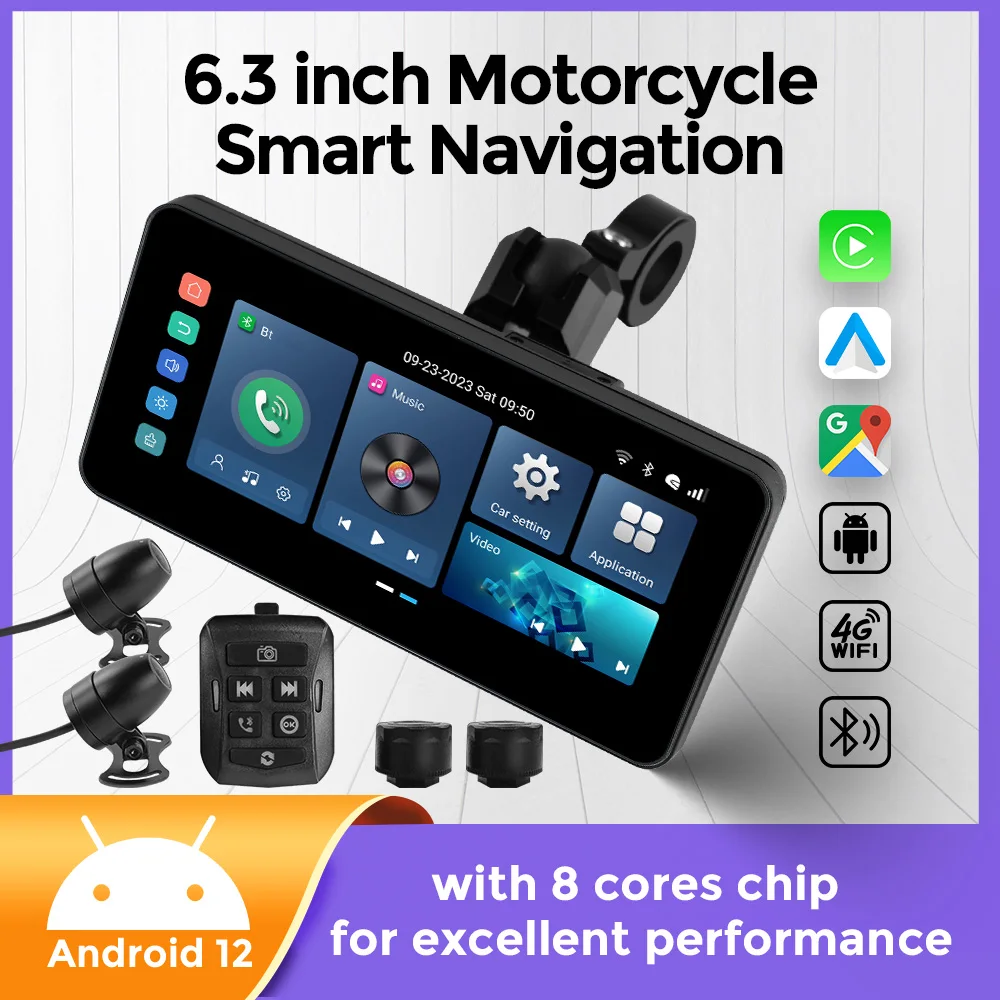 

Android 12 8Core Motorcycle GPS Navigation 6.3inch IPX7 Waterproof Monitor Daul BT For Wireless Apple Carplay Android Auto Moto