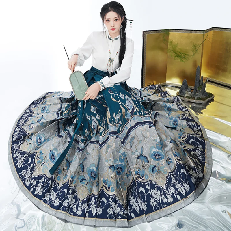 

Ming Dynasty Hanfu Horse Face Skirt Women Spring New Pleats Skirt Chinese Style Embroidery Weaving Gold Cyan-blue Hanfu Skirt