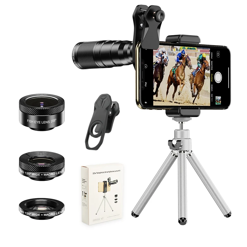 

Комплект объективов для HD-камеры телефона 4 в 1, монокулярный телескоп с зумом, объектив 22X, макрообъектив с широким объективом «рыбий глаз» для Iphone, с дистанционным штативом