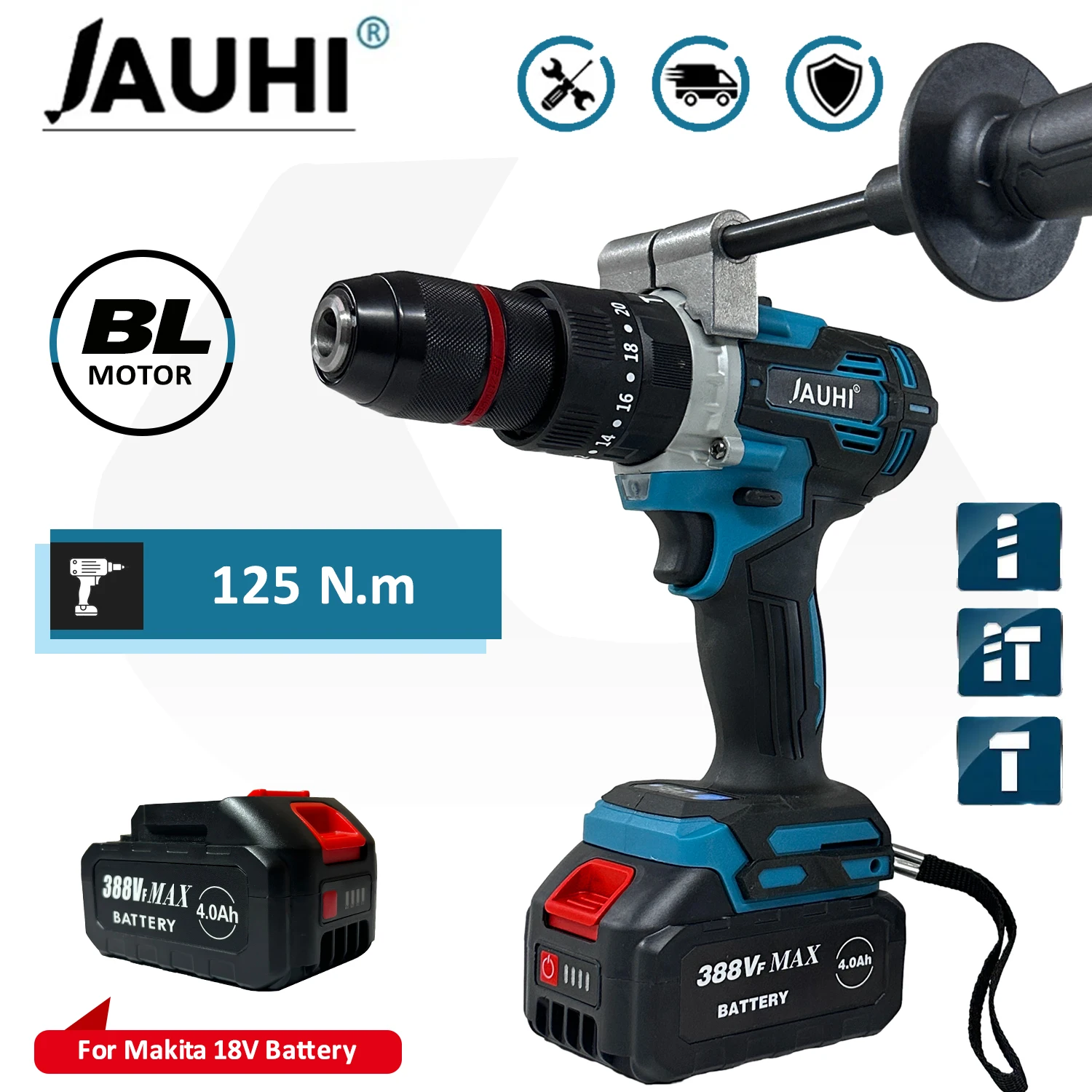 

JAUHI 13mm 125N.m cordless Brushless Electric Impact Drill 20+3 Torque Electric Screwdriver For Makita 18V Battery Power Tools