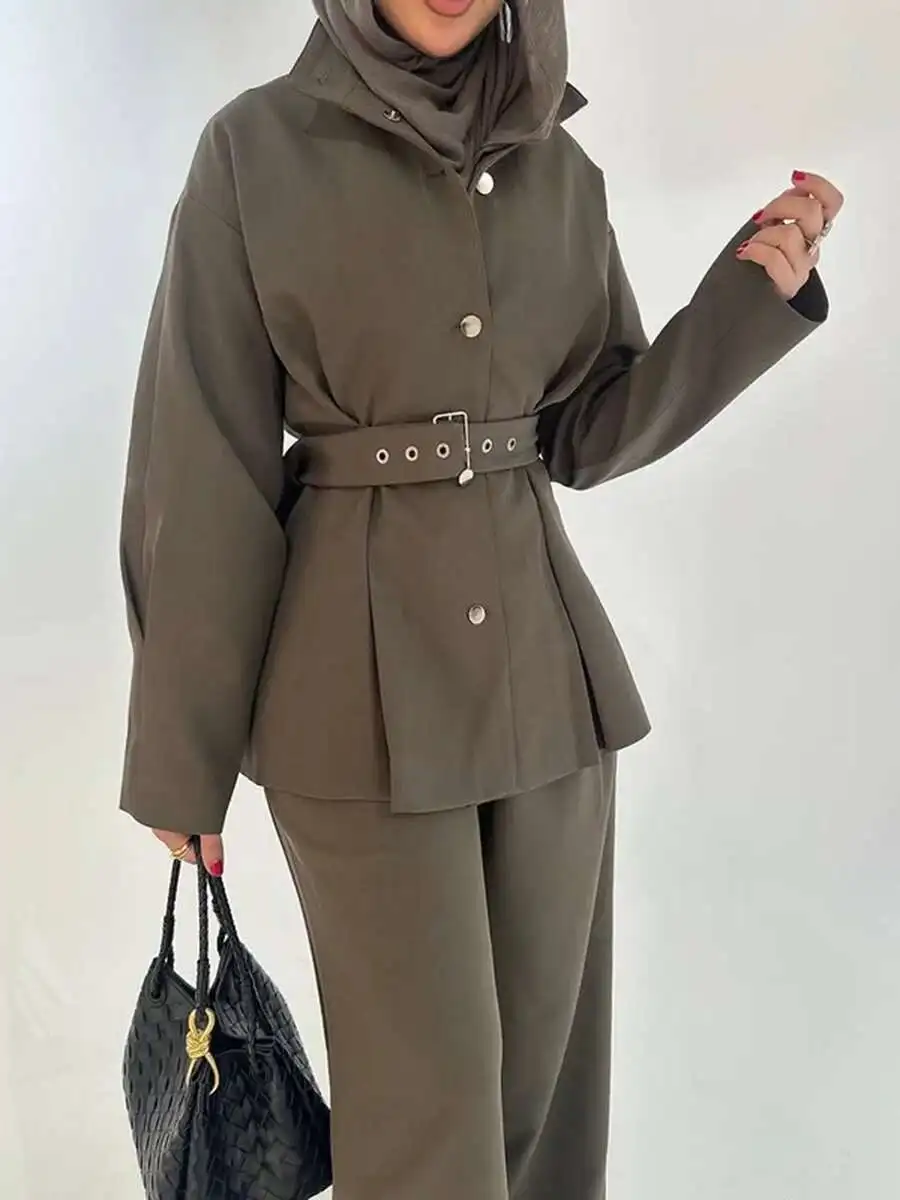 KWTX Solid Two Piece Women's Collar Long Sleeve Splicing Belt Coat High Waist Pants Warm Set Women's Clothing 2025 Spring New 11 S0126f5eb693649489963873d07434541m