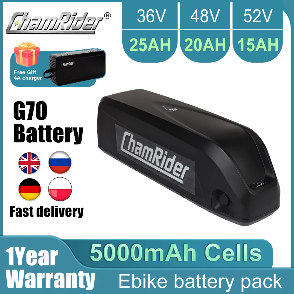 

ChamRider Ebike Battery waterproof G70 Original 36V 25AH Battery 48V 20AH 40A BMS 350W 500W 750W 1000W 1500W 21700 Cell