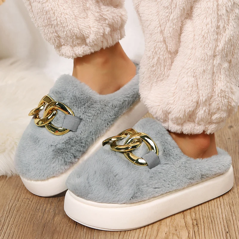 

Shinny Chain Deco Furry Slippers Women's Winter Cheap Soft House Fur Shoes Fluffy Slides Female Indoor Floor Mules Flip Flops