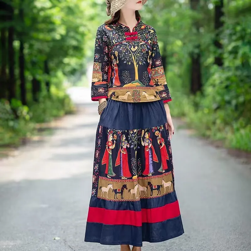Retro China Style Women Cotton Linen Tops Skirt Set Clothing Ethnic Traditional Tang Suit Blouses Harajuku Fairy Orientale Ropa
Retro China Style Women Cotton Linen Tops Skirt Set Clothing Ethnic Traditional Tang Suit Blouses Harajuku Fairy Orientale Ropa