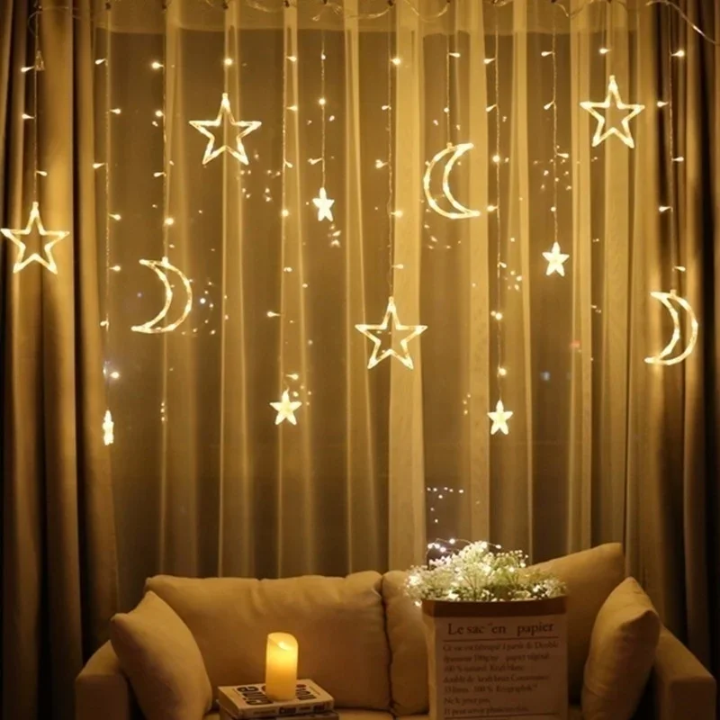 

Светодиодные светильники 2,5 м, романтическая Лунная звезда, светодиодная гирлянда-занавеска, осветительная полоса, праздничная Свадебная гирлянда, вечерние украшение