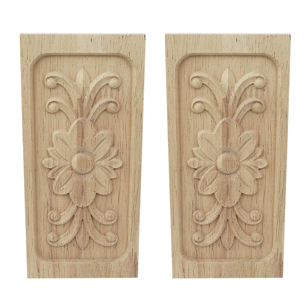 

2PCS Woodcarving Floral Decoration Rectangle Wood Applique Unpainted Wood Carved Door Bed Furniture Cabinet Figurine Accessories