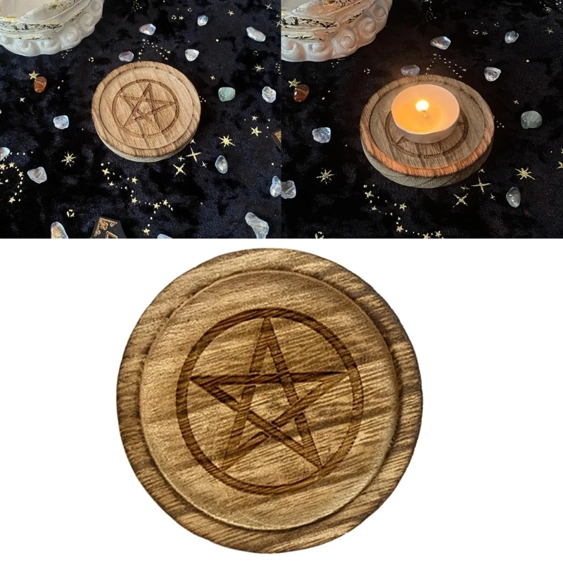 

Astrology Pentagram Wooden Candlestick Tarot Altar Plate Divination Candle Holder Table Energy Witch Ceremony Accessories