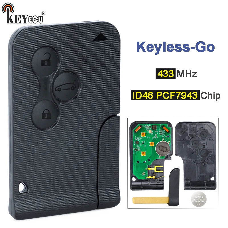 

KEYECU 433Mhz PCF7943 ID46 Chip 3 Btn BCM Keyless-Go Hands Free Smart Card Remote Key Fob for Renault Megane 2 Scenic 2 Clio 2