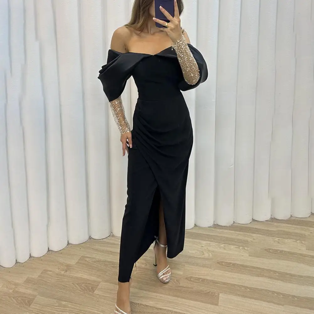 

Mesh Sleeve Party Dress Elegant Off-shoulder Maxi Dress with Mesh Sleeves for Prom Wedding Cocktail Parties Women's Evening Gown