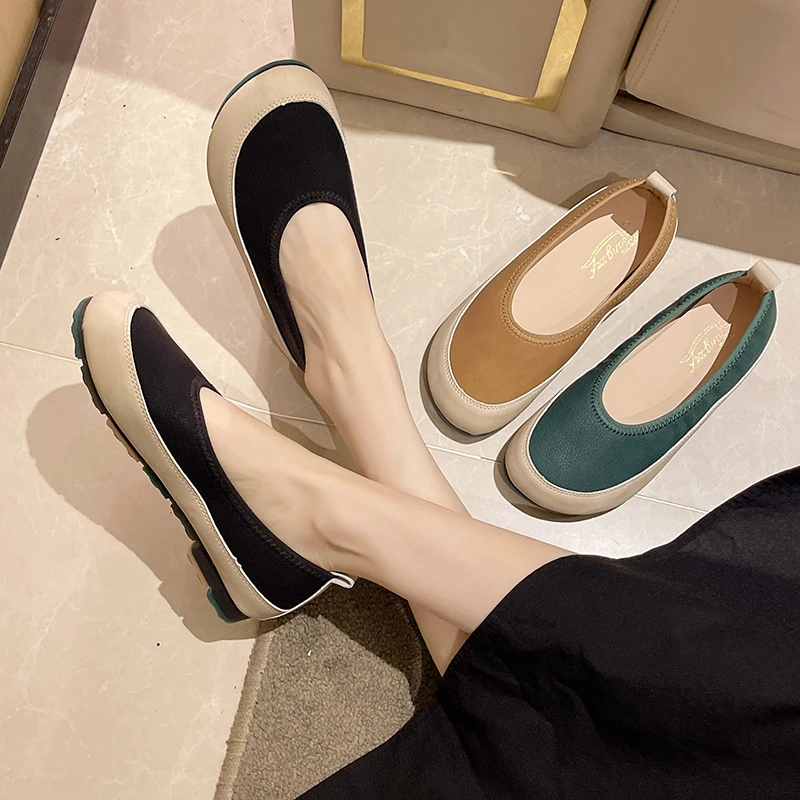 

2024 New Autumn Concise Handmade Shallow Leisure Ladies Shoes Johnature Flats Women Shoes Mixed Colors Genuine Leather Round Toe