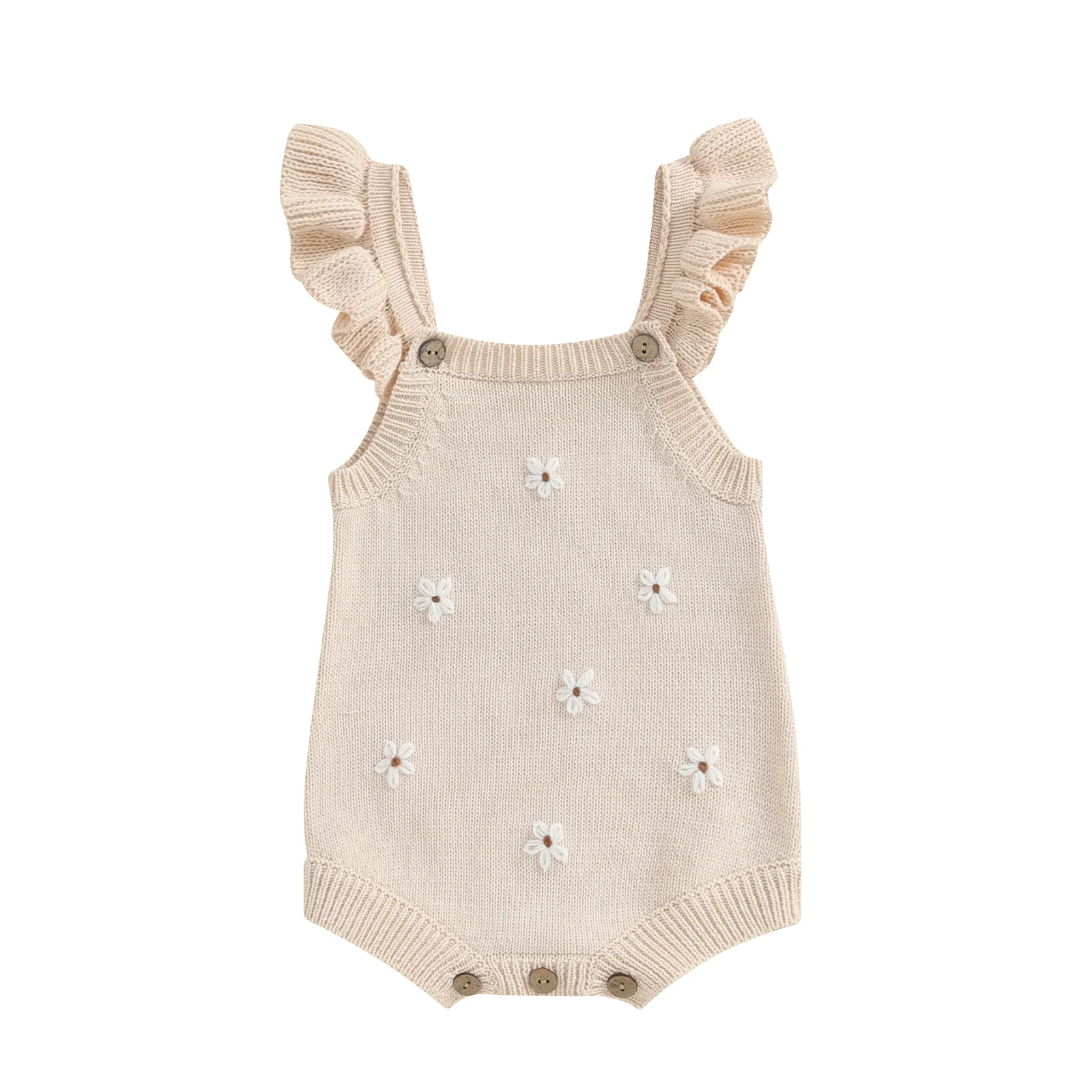 

Infant Baby Girl Sleeveless Knit Romper Embroidery Floral Strappy Sweater Romper Bodysuit Pullover