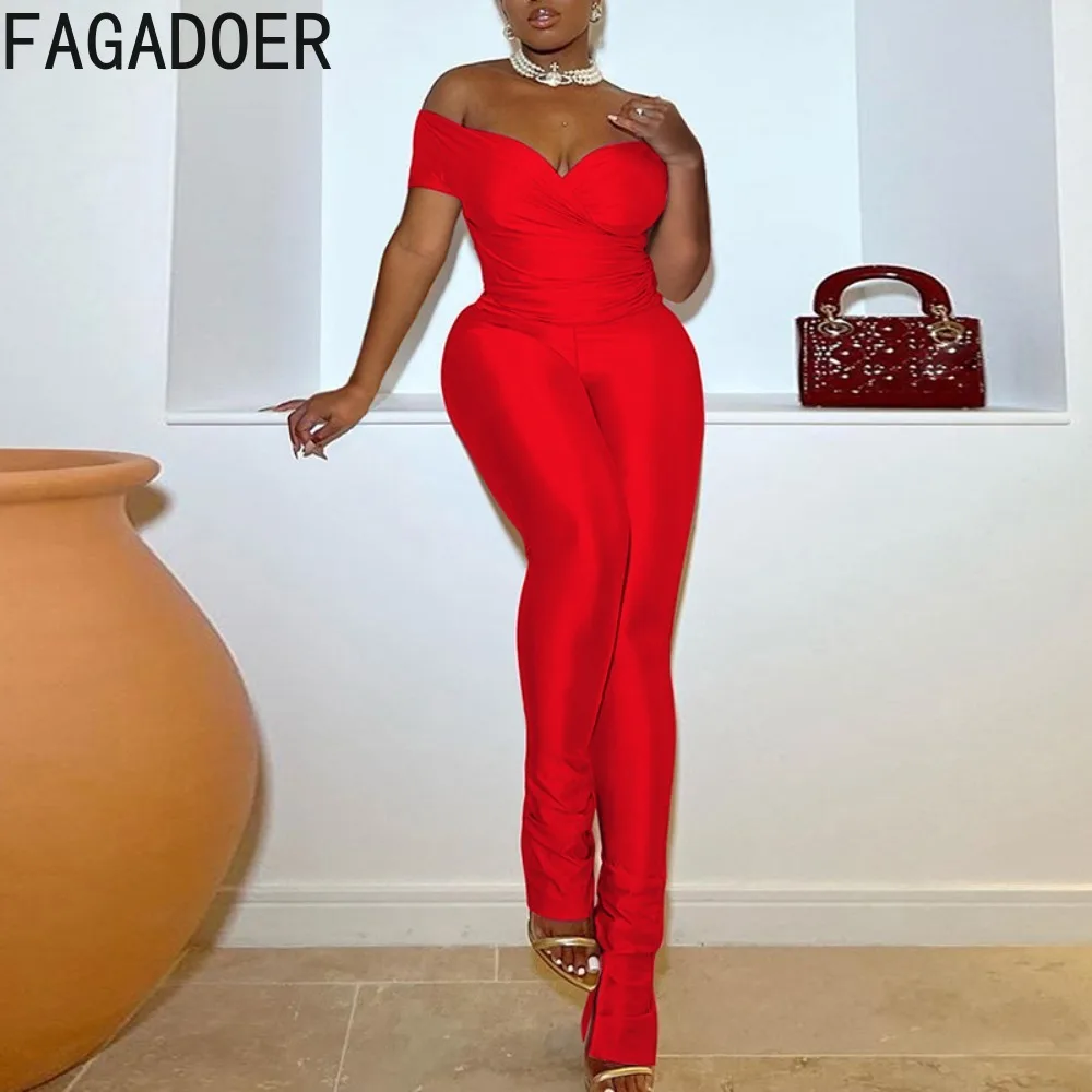 

FAGADOER Sexy Deep V Ruched Skinny Pants Two Piece Sets Women Short Sleeve Crop Top+Pants Tracksuits Female Solid Sporty Outfits