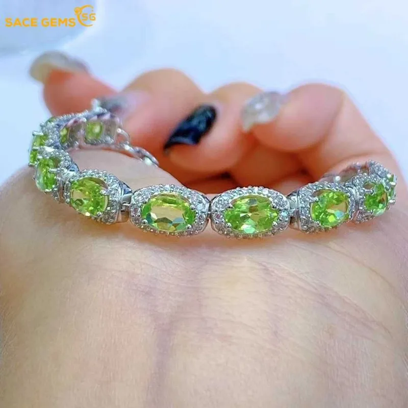 

SACE GEMS Newl 925 Sterling Silver 4*6mm Natural Peridot Gemstone Bracelrts for Women Engagement Cocktail Party Fine Jewelry