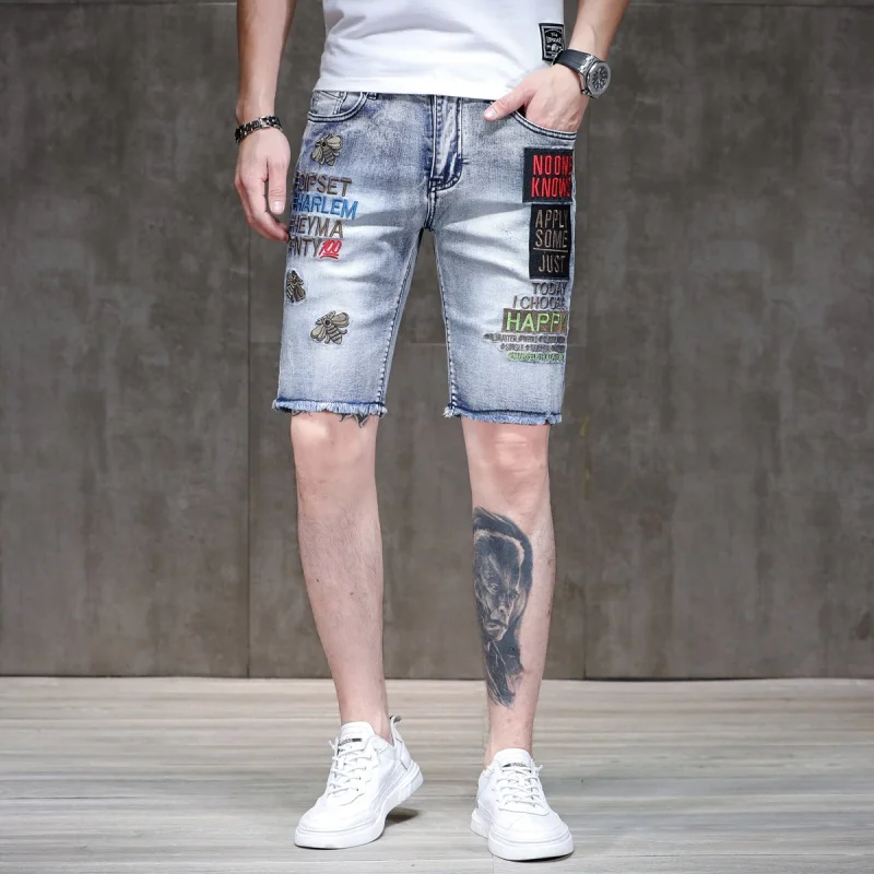 

Slim Fit Denim Shorts Men's Trendy Embroidered Frayed Hem Summer Pirate Shorts Trendy Brand Casual Motorcycle Shorts