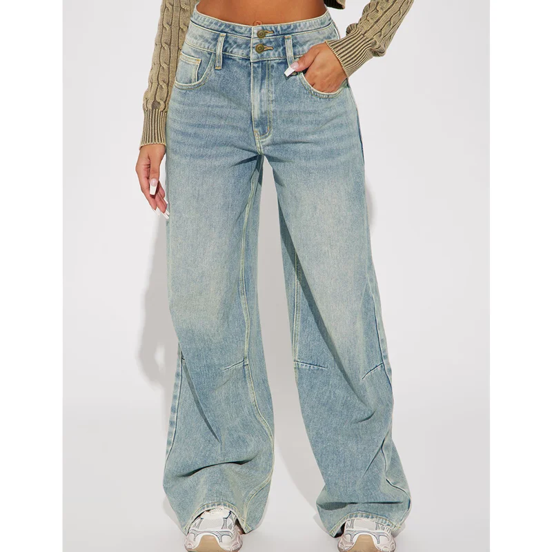 

Синие женские джинсы с высокой талией, винтажные прямые мешковатые джинсовые брюки Y2K с пряжкой, уличная одежда, джинсовые брюки с широкими штанинами в американском стиле