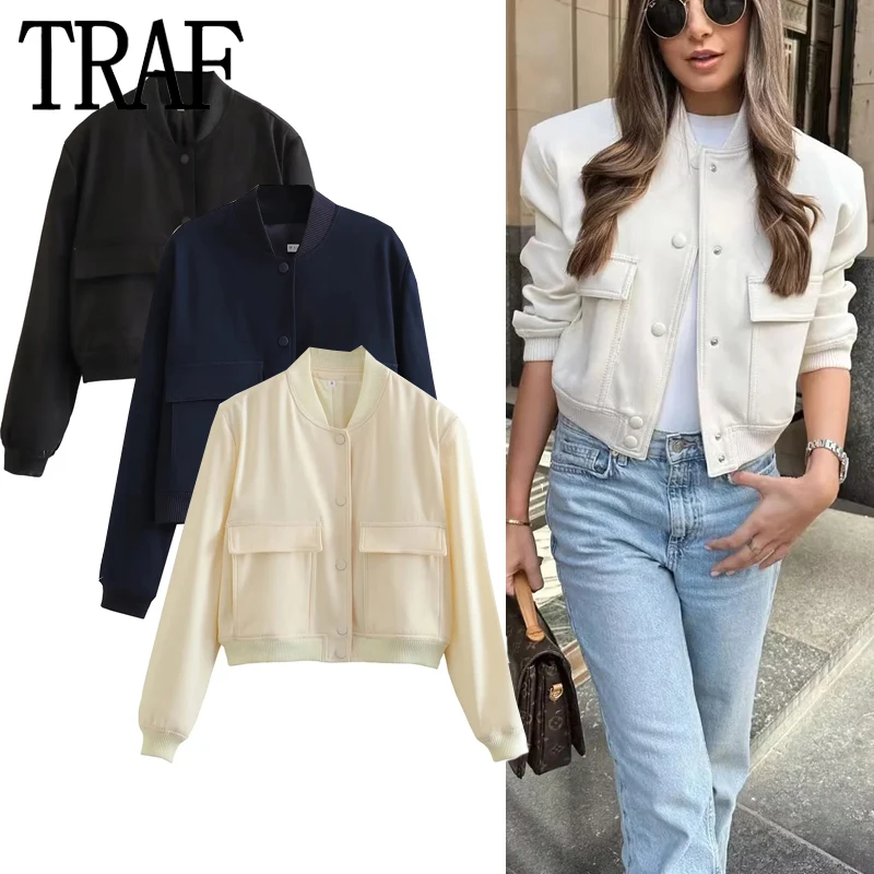 

TRAF Women's Bomber Jacket Autumn Winter Baseball Cropped Jacket Woman Long Sleeve Aviator Jackets For Women New In Short Coats