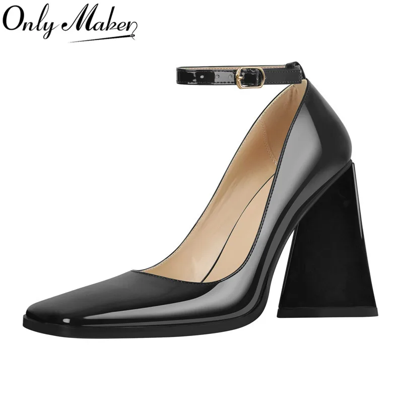 

Onlymaker Women's Pumps Square Toe Patent Leather Black Ankle Strap Chunky High Heel Pumps