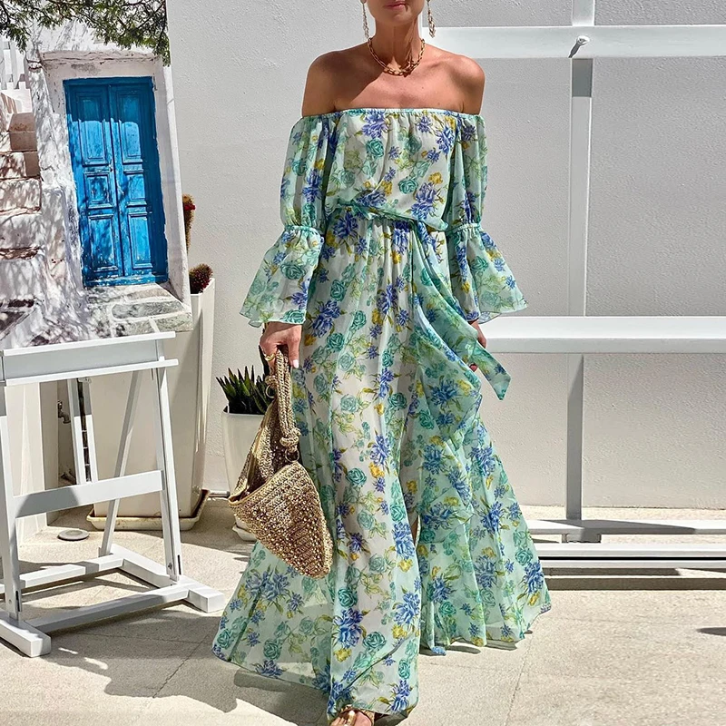 Elegant Floral Print Holiday Chiffon Dress Female Off Shoulder Flared Sleeve Draped Dress Summer Temperament Lace-up Long Dress
Elegant Floral Print Holiday Chiffon Dress Female Off Shoulder Flared Sleeve Draped Dress Summer Temperament Lace-up Long Dress