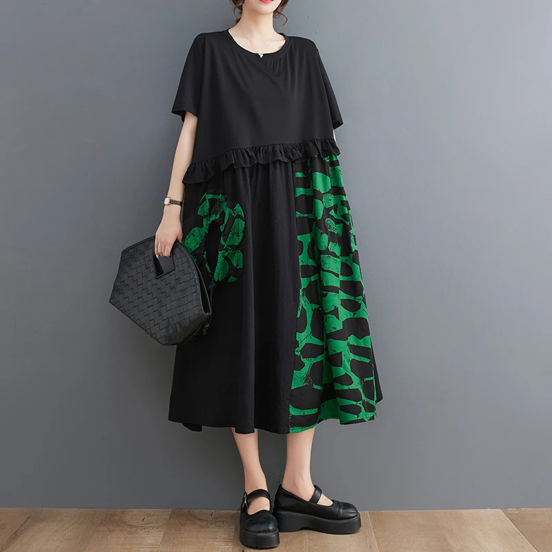 

2023 New Arrival Patchwork Ruffle Edible Tree Fungus Chic Girl's Black Summer Dress Lady Work Dress Fashion Women Casual Dress