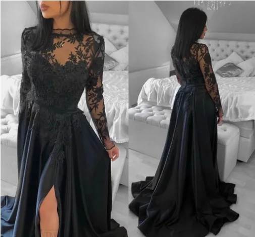 

Black Long Sleeves Lace Prom Dresses Jewel Neck Arabic Appliqued A Line Formal Evening Gowns Side Slit Vestidos De Noche