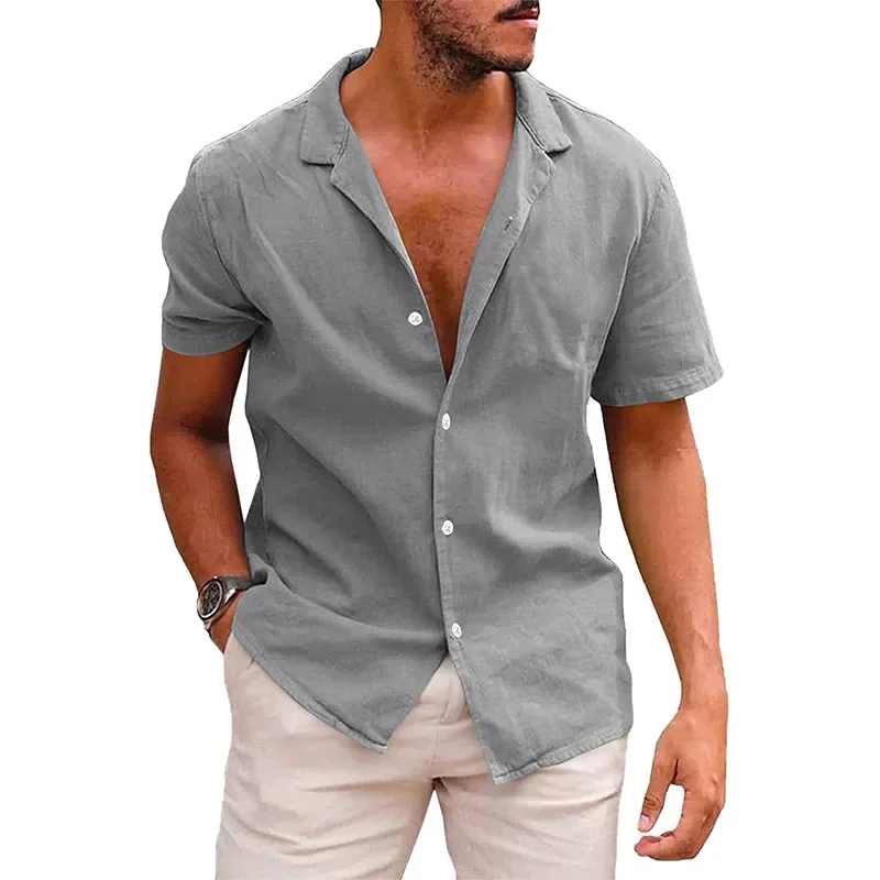 

Men's Shirts Linen Short Sleeve Summer Solid Shirts Casual Loose Turn-down Collar Blouse Male Breathable Shirt Chemises homme