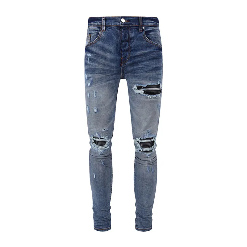 

Street Fashion Men Jeans Retro Washed Blue Stretch Skinny Fit Hole Ripped Jeans Men Leather Patched Designer Hip Hop Brand Pants