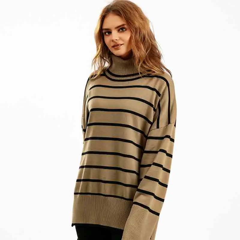 

2023 Autumn Winter Woman Knitted Sweater Striple Loose Pullover Turtleneck Long Sleeve Tops Casual Woman Tops Streetwear