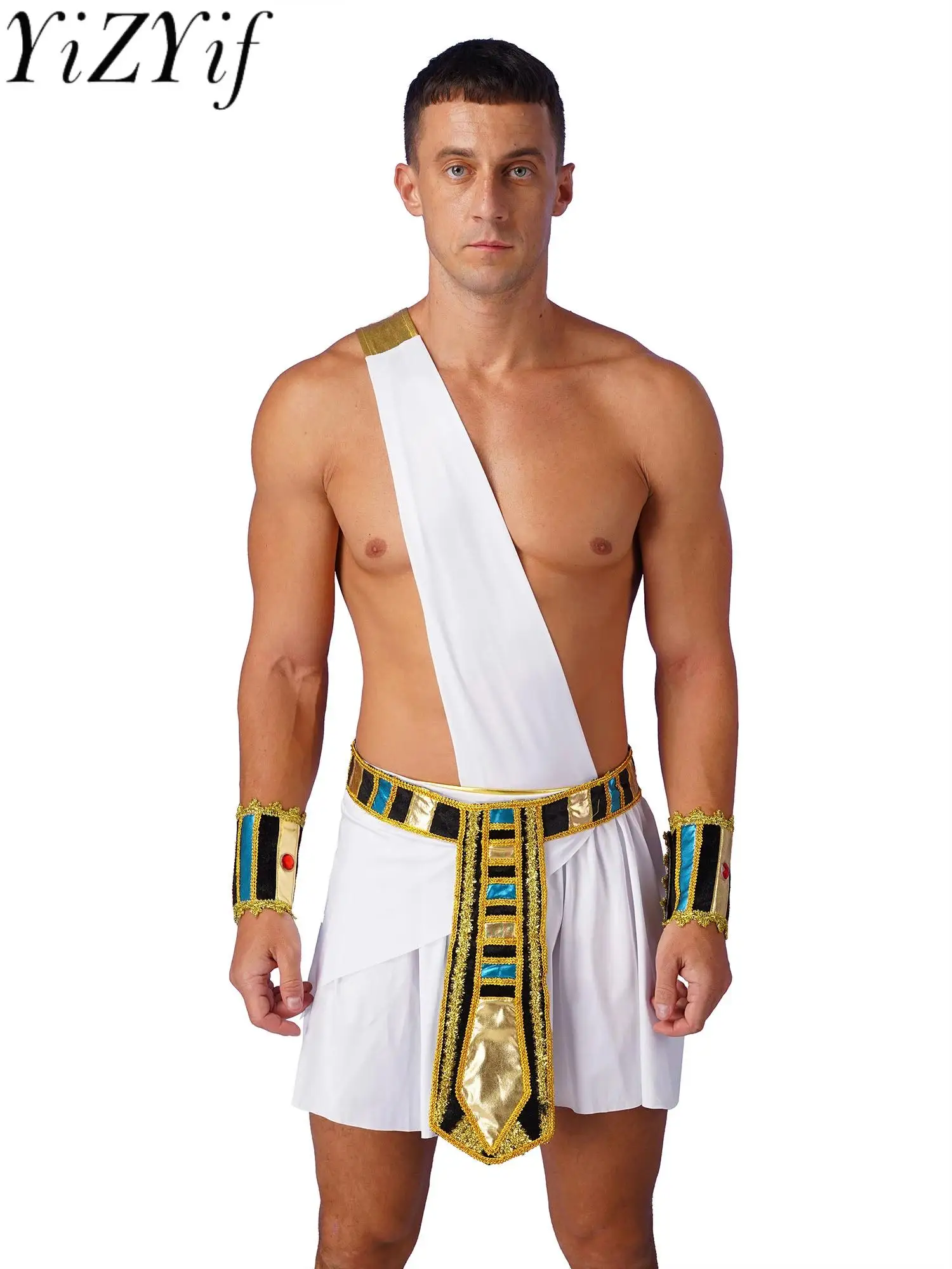 

Mens Halloween Egyptian Pharaoh King Cosplay Costume One Shoulder Skirt with Belt Wristbands Theme Party Egypt Role Play Clothes