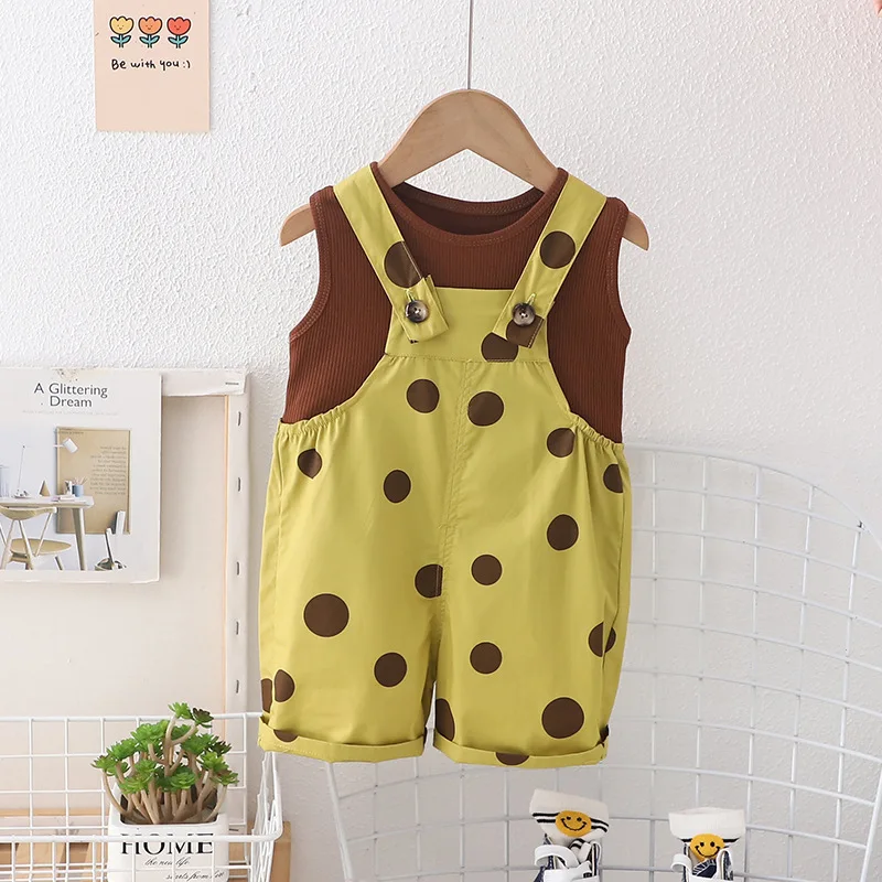 

Kids Summer Sets 2024 Baby Girl Clothes 9 To 12 Months Solid Color Vest and Polka Dot Overalls Girls Outfits Children's Clothing