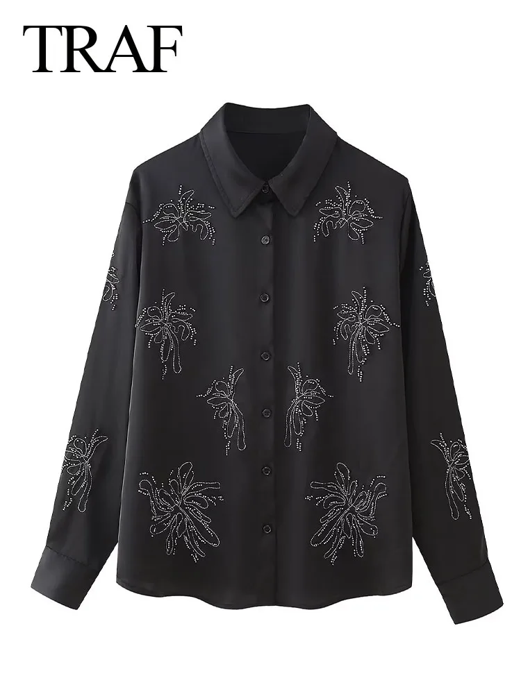 

TRAF Spring New Women Black Casual Beaded Embroidery Single Breasted Long Sleeve Tops Fashion Vintage Turndown Collar Shirts
