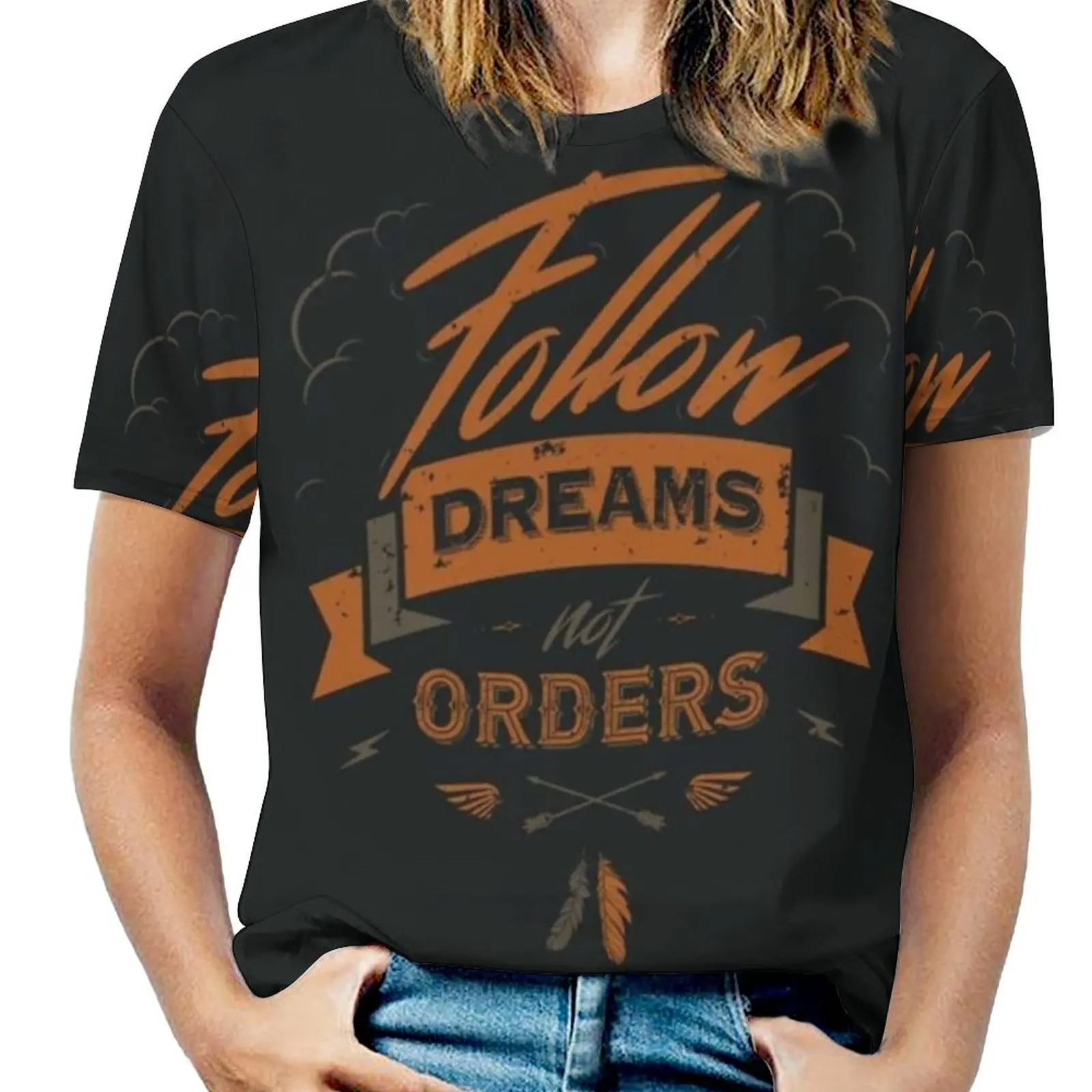 Женская футболка с надписью Follow Dreams Not order, женская футболка с принтом на весну и лето, пуловер с круглым вырезом и цитатами
Женская футболка с надписью Follow Dreams Not order, женская футболка с принтом на весну и лето, пуловер с круглым вырезом и цитатами
