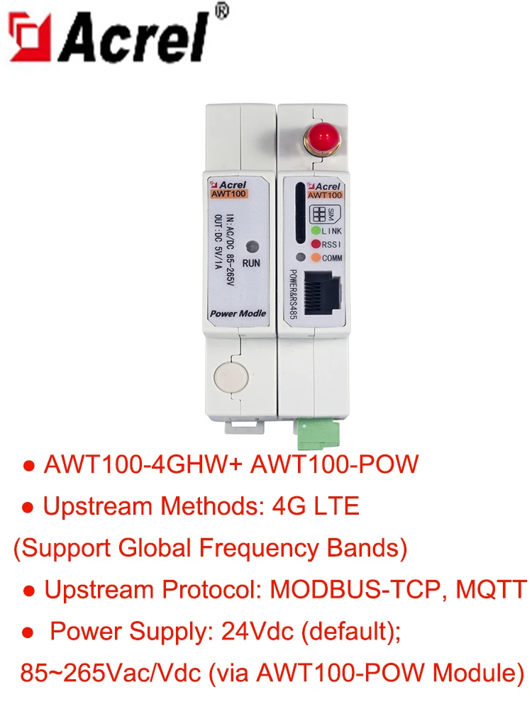 

Acrel AWT100-4GHW Paired With AWT100-POW IoT Smart 4G Gateway Power Supply 24Vdc Default 85~265Vac/Vdc via AWT100-POW Module