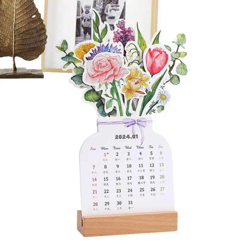 

Bloomy Flowers Desk Calendar Standing Monthly Planner Vase-Design Calendar With Holder Flower Theme Ornaments Tabletop Calendars