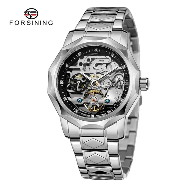 

FORSINING 199A Men's Watch Fashion Mechanism Skeleton Transparent Silver Stainless Steel Automatic Mechanical Watches for Male