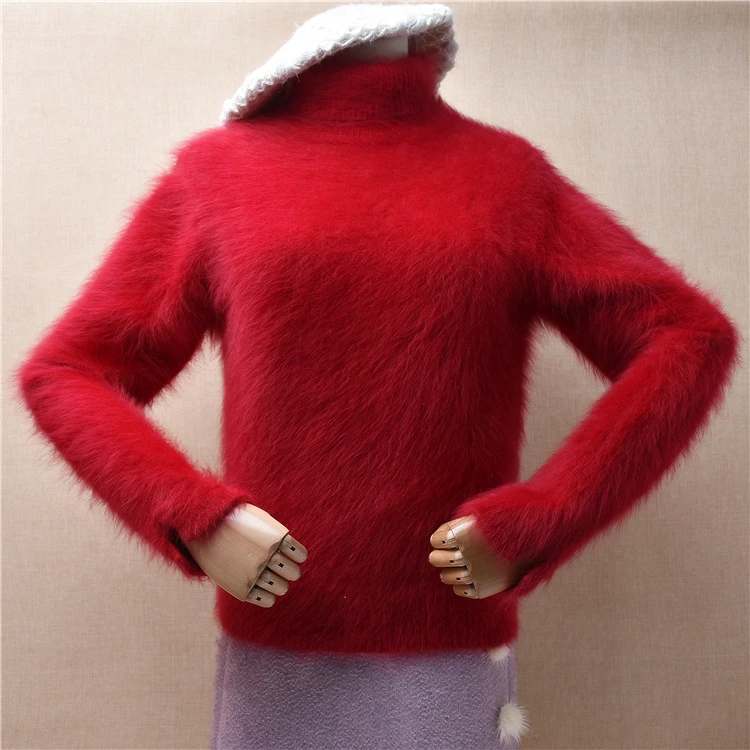 

Ladies Women Fall Winter Clothing Red Hairy Mink Cashmere Knitted Turtleneck Slim Blouses Pullover Angora Fur Jumper Sweater Top