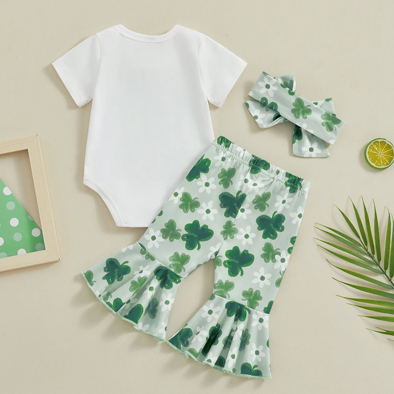 Baby Girl Ireland Festival Outfits Letter Print Short Sleeve Rompers Shamrock Flower Print Flare Pants Headband 3Pcs Clothes Set
Baby Girl Ireland Festival Outfits Letter Print Short Sleeve Rompers Shamrock Flower Print Flare Pants Headband 3Pcs Clothes Set