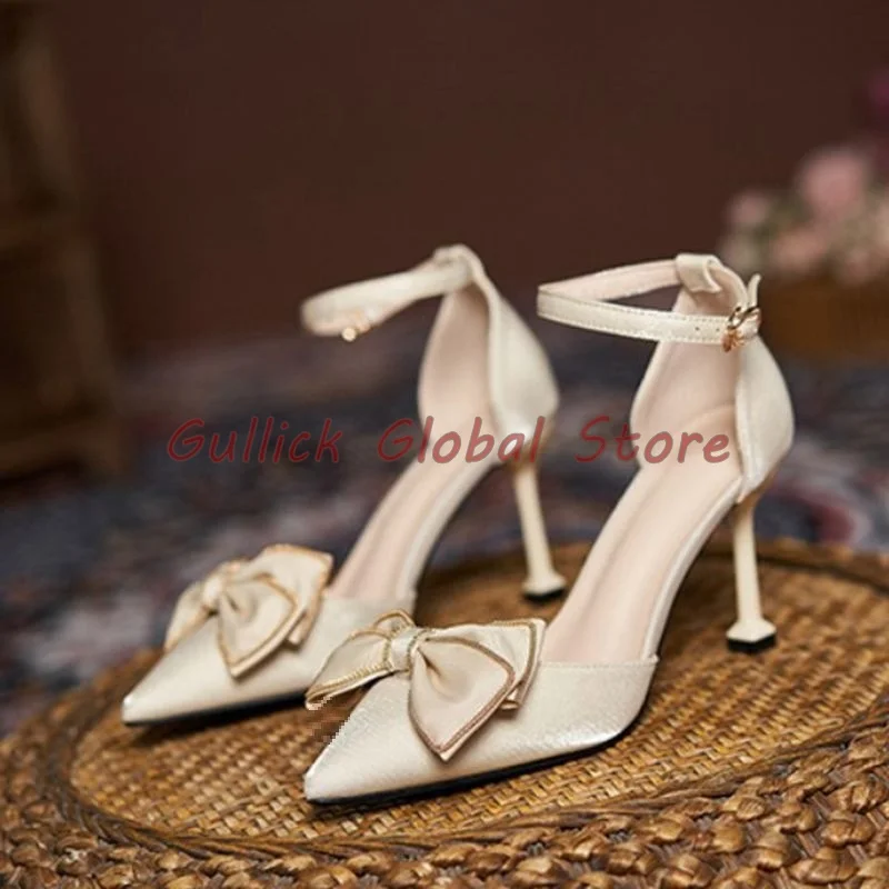 

2024 New Arrival Handmade Stain Pointed Toe Wrapped Toe Butterfly Knot Shallow Slingback Sandals Sculptural Heeled Elegant Shoes