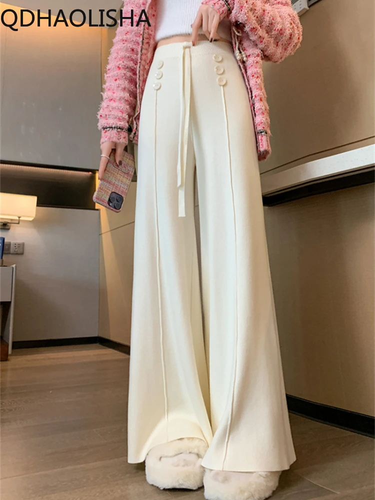 

Women Casual Pants Autumer Winter Loose Wide Leg Pants Knit Slightly Flared High Waisted Slim Draped Harajuku Trousers Thick