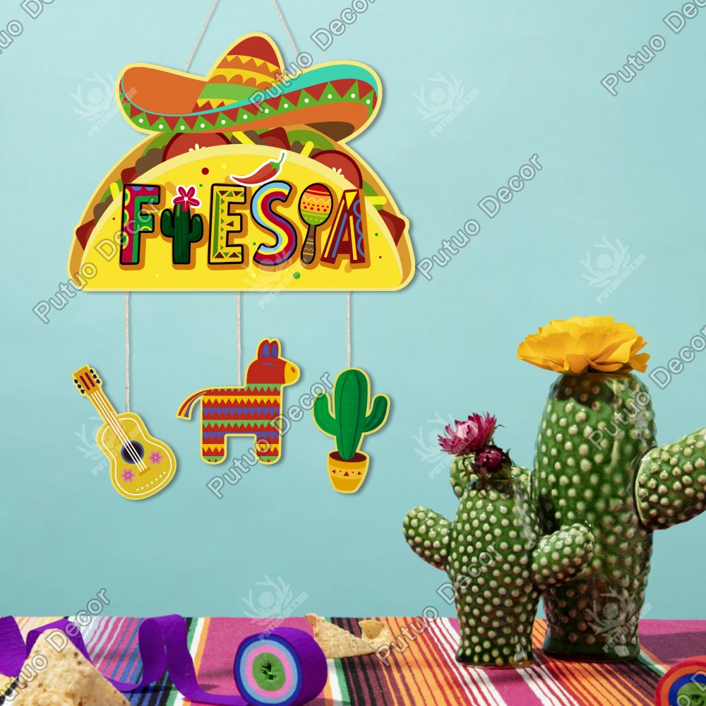 

Putuo Decor Taco Shaped Wooden Hanging Sign Decor, Fiesta, Wall Art Decor for Home Farmhouse Cafe Restaurant,Cinco De Mayo Gifts