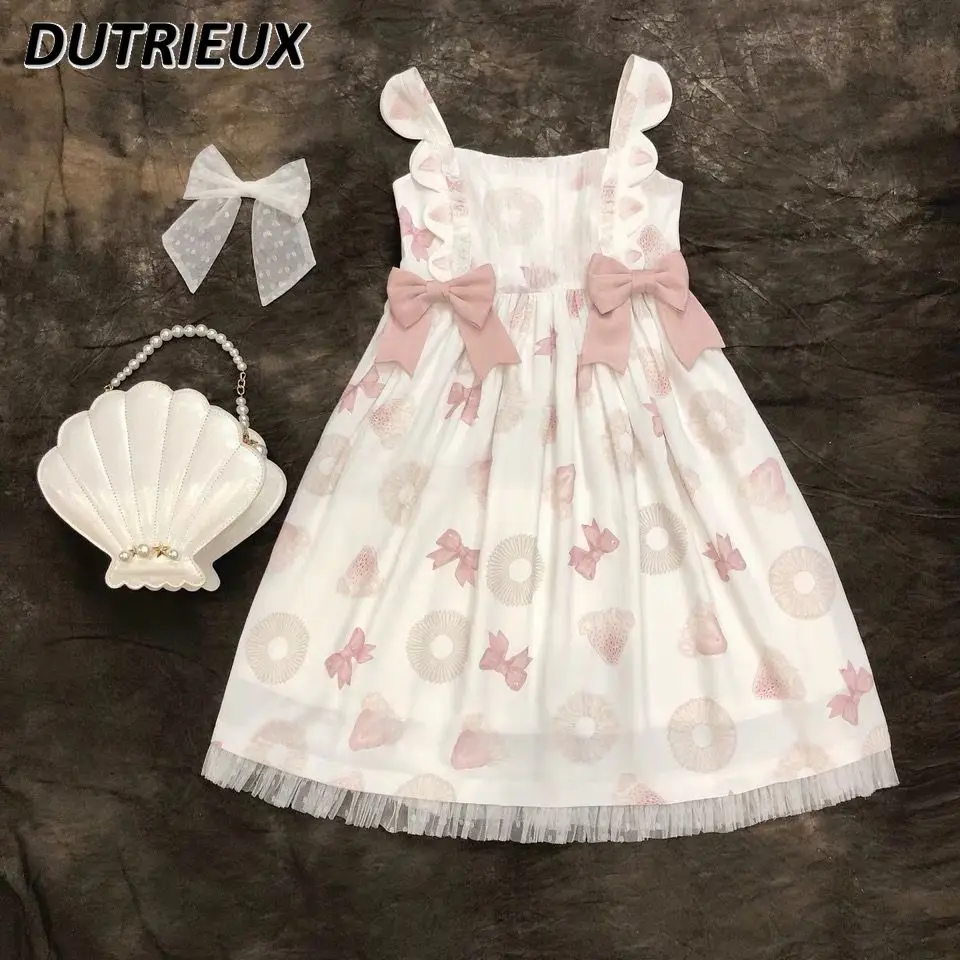 

Summer JSK Japanese Style Soft Girl Cute Printed Lolita Dresses Sweet Girls Sleeveless Bow A-Line Short Suspender Dress