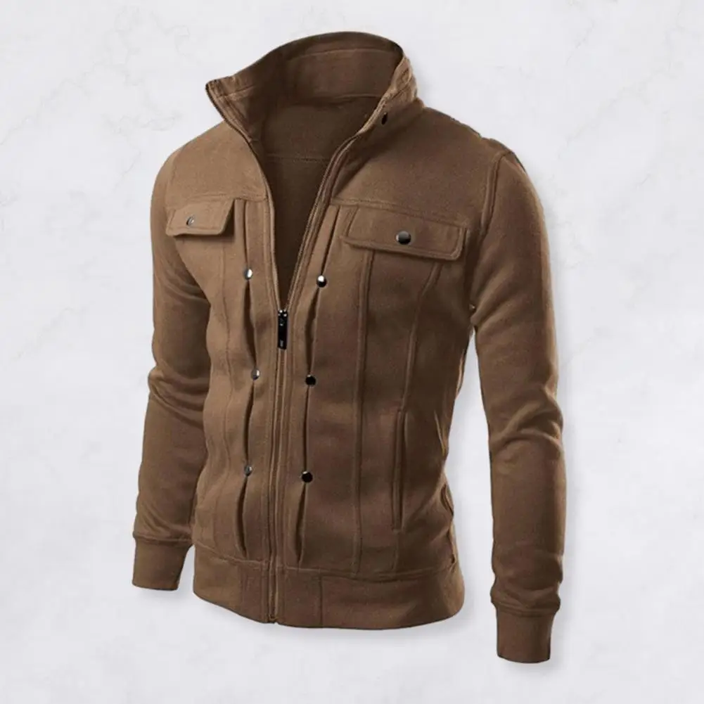 

Men Outerwear Spring Men Jacket Stylish Men's Spring Autumn Jacket Buttoned Zipper Closure Solid Color Stand Collar for Casual