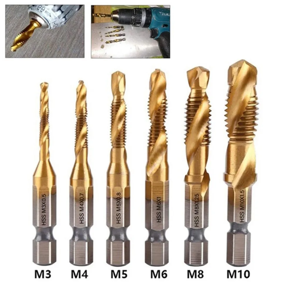 

1 Pieces Titanium Plated Hex Shank HSS Screw Thread Metric Tap Drill Bits 3 In 1 Compound Bit M3 M4 M5 M6 M8 M10 For Hand Tools