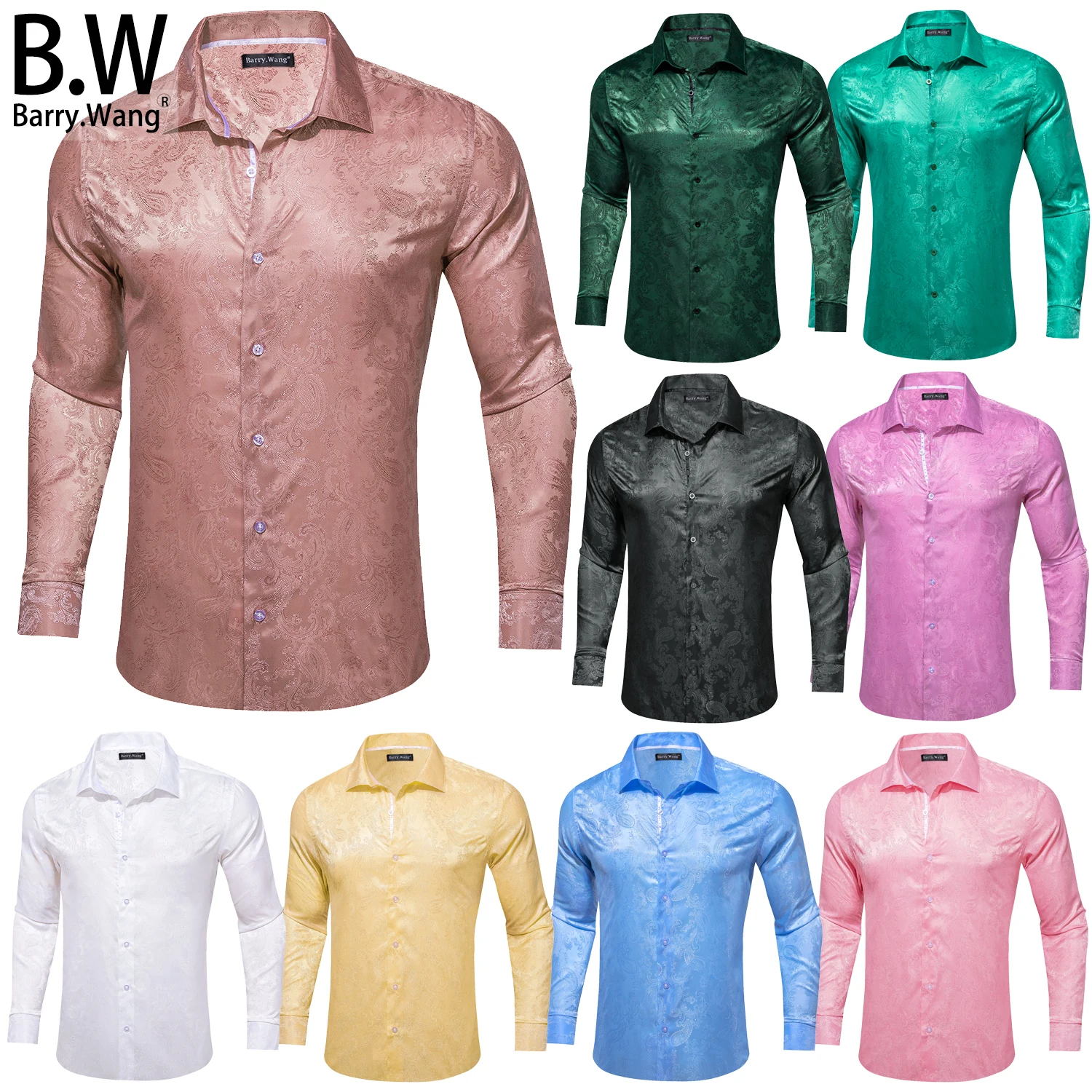 

Silk Shirts for Men Jacquard Paisley Long Sleeve Light Slim Male Blouses Red Pink Black White Blue Gold Green Daily Barry.Wang